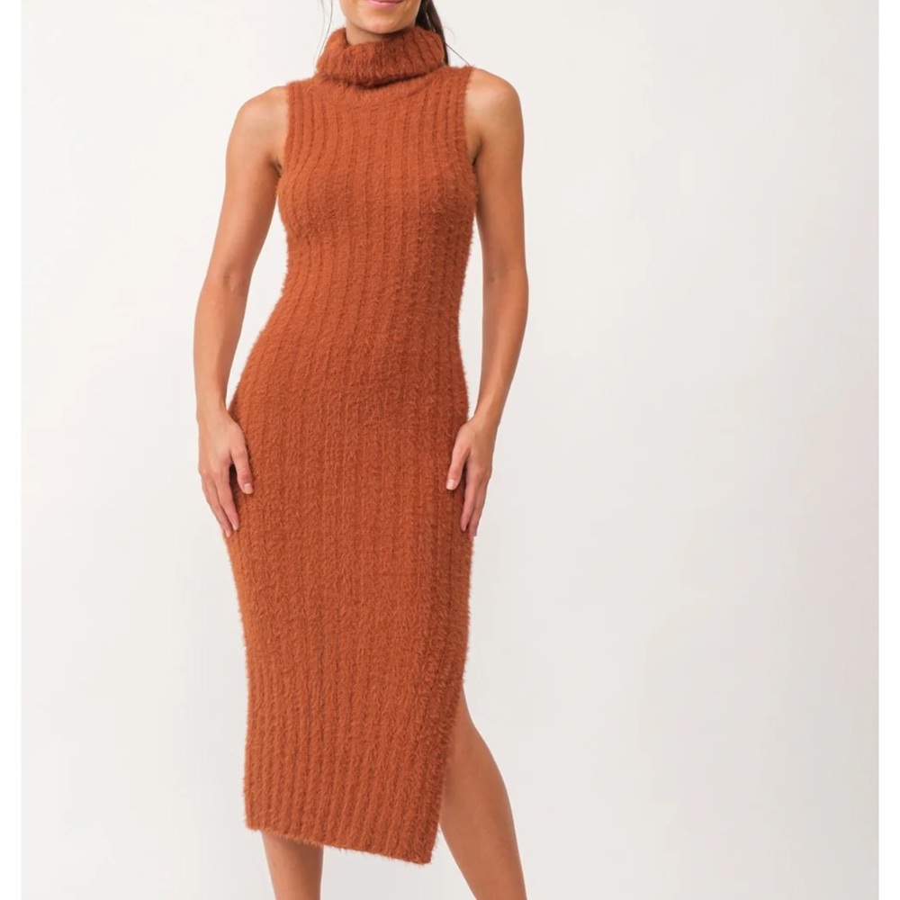 Camel fuzzy knit turtle neck dress